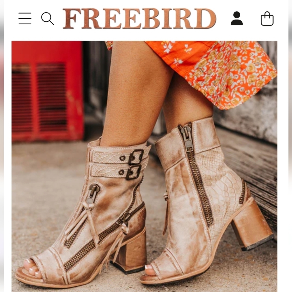 NIB Freebird ZOMBI Leather Peep Toe Bootie In Taupe Tan Fringe Zipper